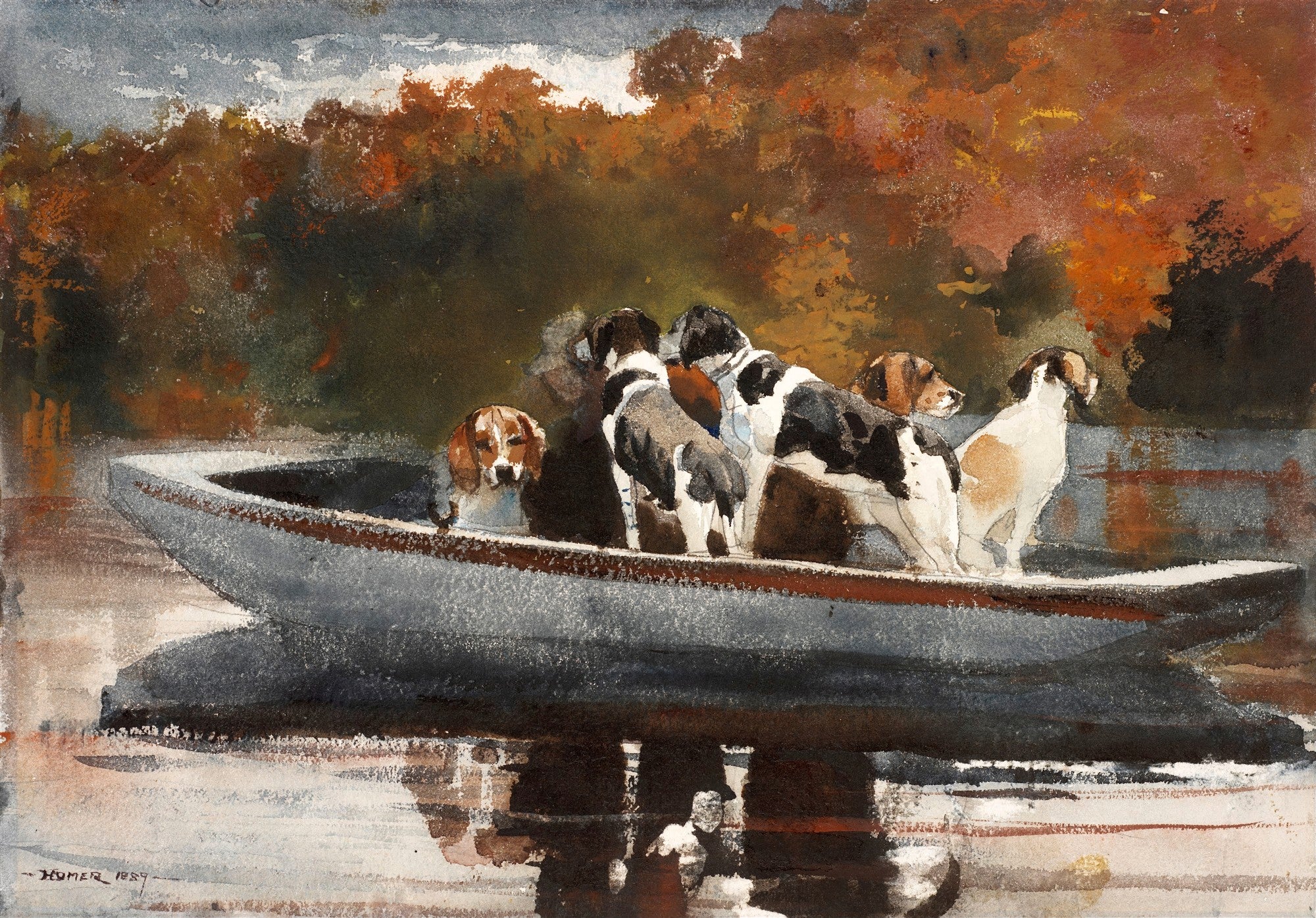 Quadro decorativo de Winslow Homer, 'Hound and Hunter', mostrando quatro cães de caça em uma canoa em tons de outono, refletindo na água. Obra do século XIX com técnica de aquarela.