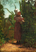 Uma mulher vestindo um vestido marrom e um gorro branco está colhendo feijões em um campo verde, com plantas de milho ao fundo e folhagens densas ao redor. A luz do sol ilumina o chão. É uma pintura a óleo de Winslow Homer.