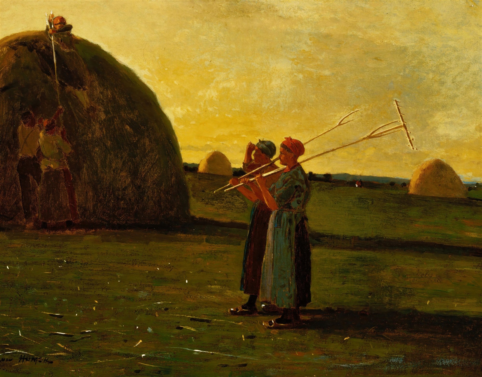 Quadro decorativo com cena rural do século XIX, mostrando trabalhadores colhendo feno ao entardecer sob um céu dourado, obra de Winslow Homer.