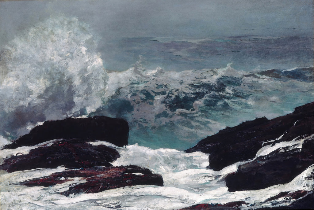 Quadro decorativo de Winslow Homer, A Corrente do Golfo, mostrando ondas brancas e espumosas batendo contra rochas escuras sob um céu nublado, com tons de azul e cinza predominantes.