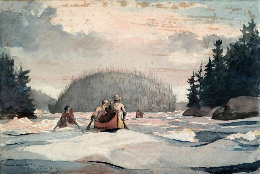Uma aquarela de Winslow Homer, The Coming Storm, retratando canoístas em um rio com corredeiras sob um céu tempestuoso, com florestas densas nas margens.
