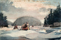 Uma aquarela de Winslow Homer, The Coming Storm, retratando canoístas em um rio com corredeiras sob um céu tempestuoso, com florestas densas nas margens.