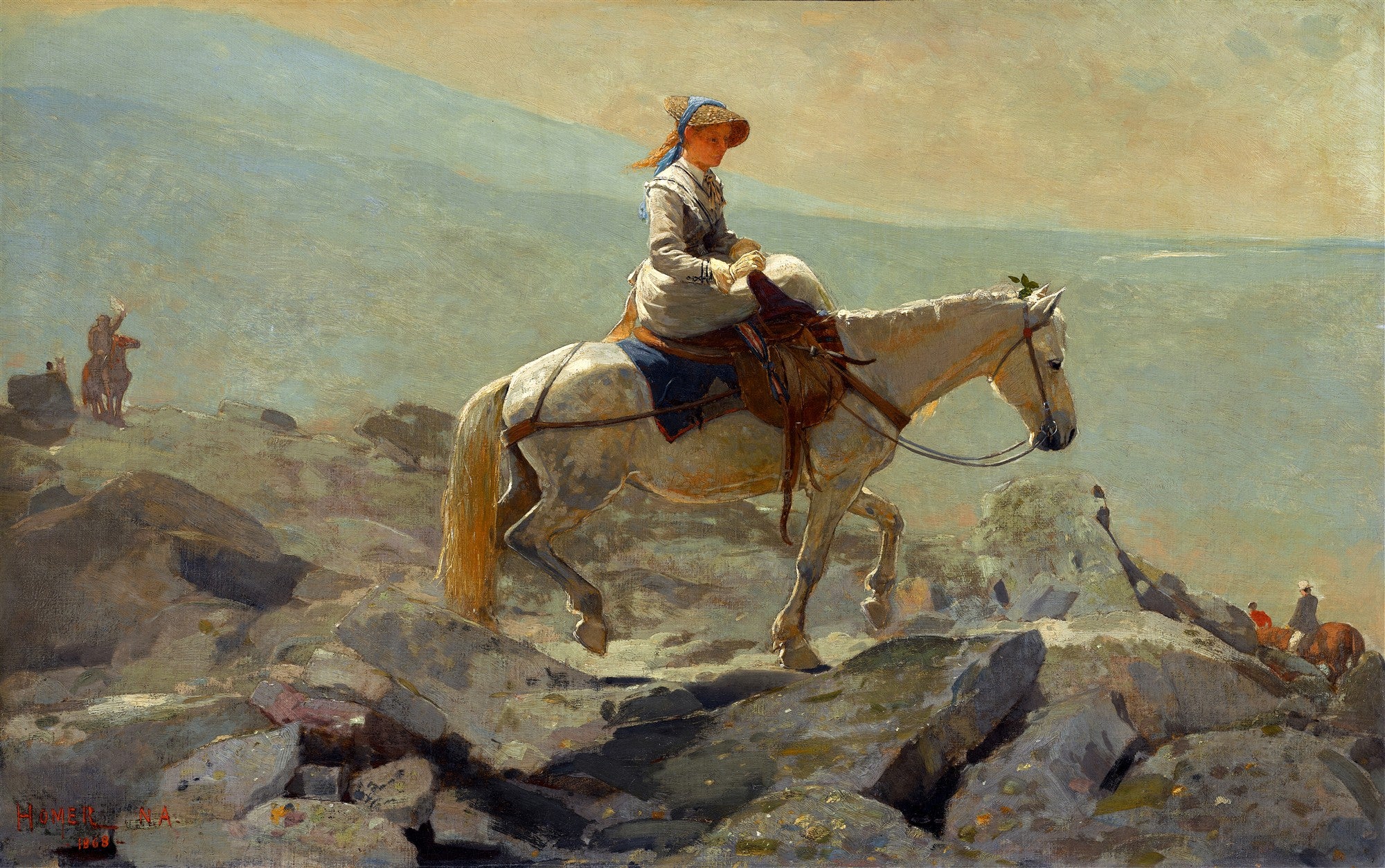 Quadro decorativo de Winslow Homer, 'A Subida de Bridle Path, White Mountains'. Retrata uma mulher montada a cavalo, vestida de branco, subindo uma trilha rochosa em uma montanha. O céu é claro e a paisagem é árida. Outras figuras distantes também montam cavalos.