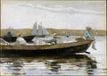 Quadro decorativo em aquarela de Winslow Homer, 'Boys in a Dory', mostrando três meninos em um barco a remo no mar, com veleiros ao fundo e uma paisagem costeira. A luz natural e os tons suaves da aquarela criam uma cena pacífica e nostálgica.