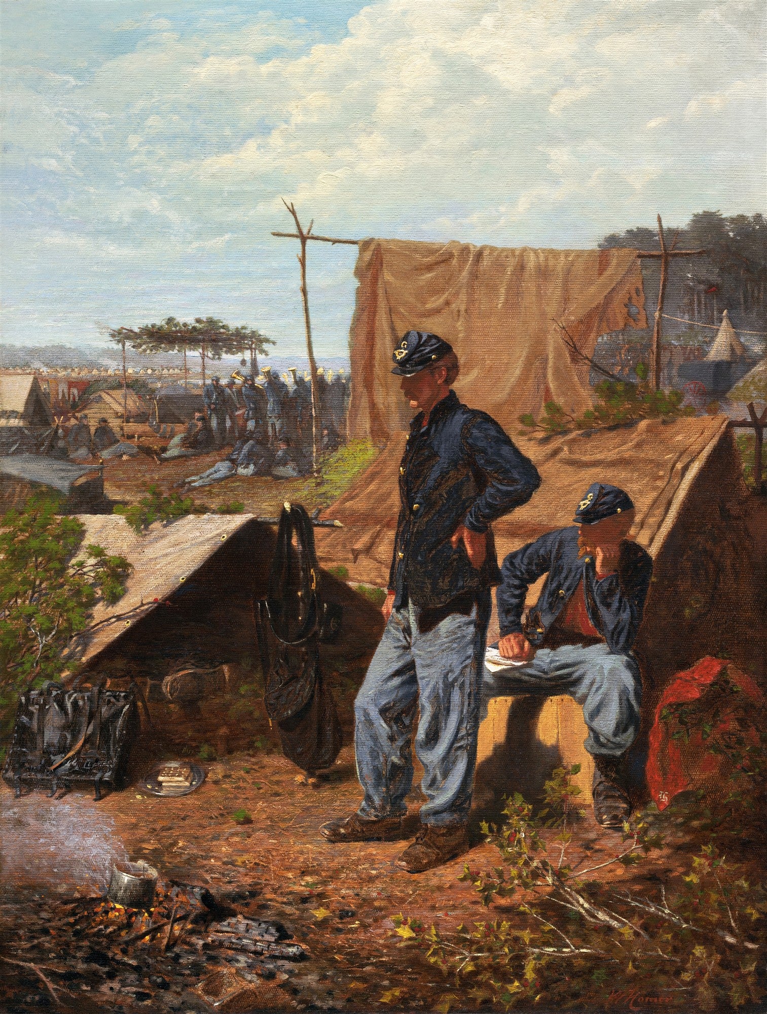 Quadro decorativo com pintura de Winslow Homer, 'A Bivouac on a Mountain Side', mostrando soldados da Guerra Civil Americana em um acampamento, com tendas e uma fogueira. A luz do sol ilumina a cena, com céu azul e nuvens brancas ao fundo.