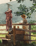 Quadro decorativo em aquarela de Winslow Homer, 'Two Figures by a Fence', mostrando uma mulher com um forcado e um homem sentado em uma cerca de madeira, em um ambiente rural com vegetação verde e céu azul acinzentado.