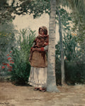 Quadro decorativo mostrando uma mulher de pele escura com lenço e xale xadrez, encostada em uma palmeira em um jardim tropical. A mulher tem um olhar pensativo e distante.