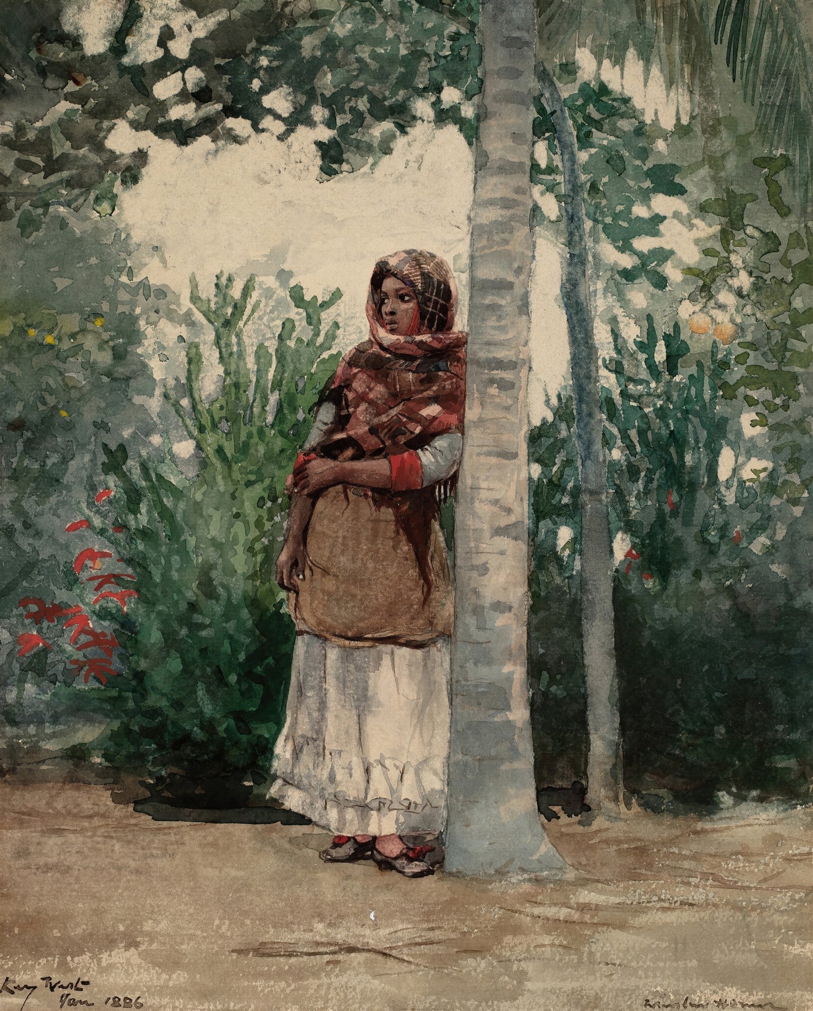 Quadro decorativo mostrando uma mulher de pele escura com lenço e xale xadrez, encostada em uma palmeira em um jardim tropical. A mulher tem um olhar pensativo e distante.