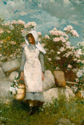 Quadro decorativo mostrando uma jovem mulher de avental branco e capuz, segurando uma cesta de flores, em um jardim exuberante com rosas cor de rosa e um céu azul com nuvens claras. Obra de Winslow Homer.