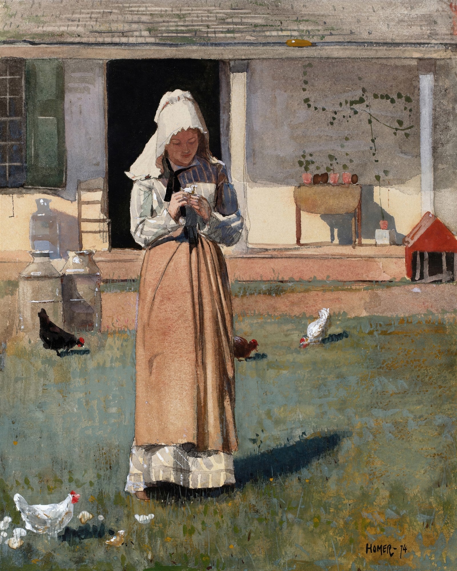 Quadro decorativo mostrando uma jovem mulher com touca e vestido longo, segurando algo nas mãos, em um jardim com galinhas e uma casa ao fundo, pintado por Winslow Homer.