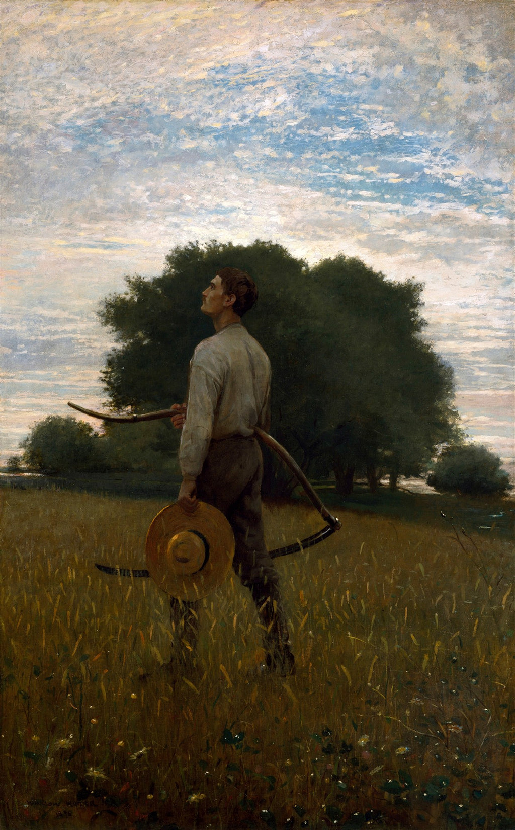 Quadro decorativo com pintura de Winslow Homer, 'The Reaper'. Um homem em um campo de trigo, com uma foice e chapéu de palha, olhando para o céu nublado com uma grande árvore ao fundo.