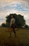 Quadro decorativo com pintura de Winslow Homer, 'The Reaper'. Um homem em um campo de trigo, com uma foice e chapéu de palha, olhando para o céu nublado com uma grande árvore ao fundo.