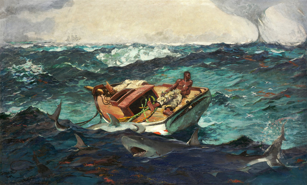 Pintura a óleo dramática de Winslow Homer, 'A Corrente do Golfo', retratando um homem afro-americano em um pequeno barco danificado, rodeado por tubarões em um mar agitado, com um navio distante no horizonte.