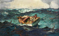 Pintura a óleo dramática de Winslow Homer, 'A Corrente do Golfo', retratando um homem afro-americano em um pequeno barco danificado, rodeado por tubarões em um mar agitado, com um navio distante no horizonte.