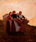 Quadro decorativo com pintura de Winslow Homer, 'The Berry Pickers', mostrando três mulheres camponesas com cestos e fardos de feno, olhando para o horizonte em um entardecer dourado. A luz do crepúsculo ilumina suavemente a cena.
