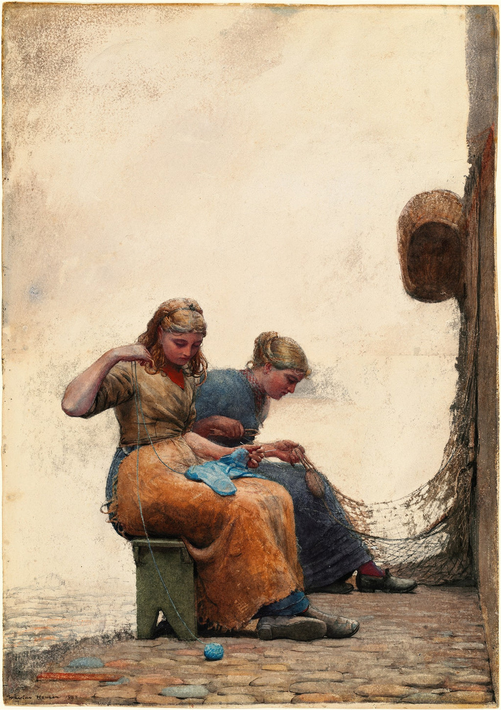 Duas mulheres sentadas, costurando ou tricotando, com uma rede de pesca ao lado, em aquarela de Winslow Homer.