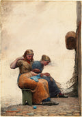 Duas mulheres sentadas, costurando ou tricotando, com uma rede de pesca ao lado, em aquarela de Winslow Homer.