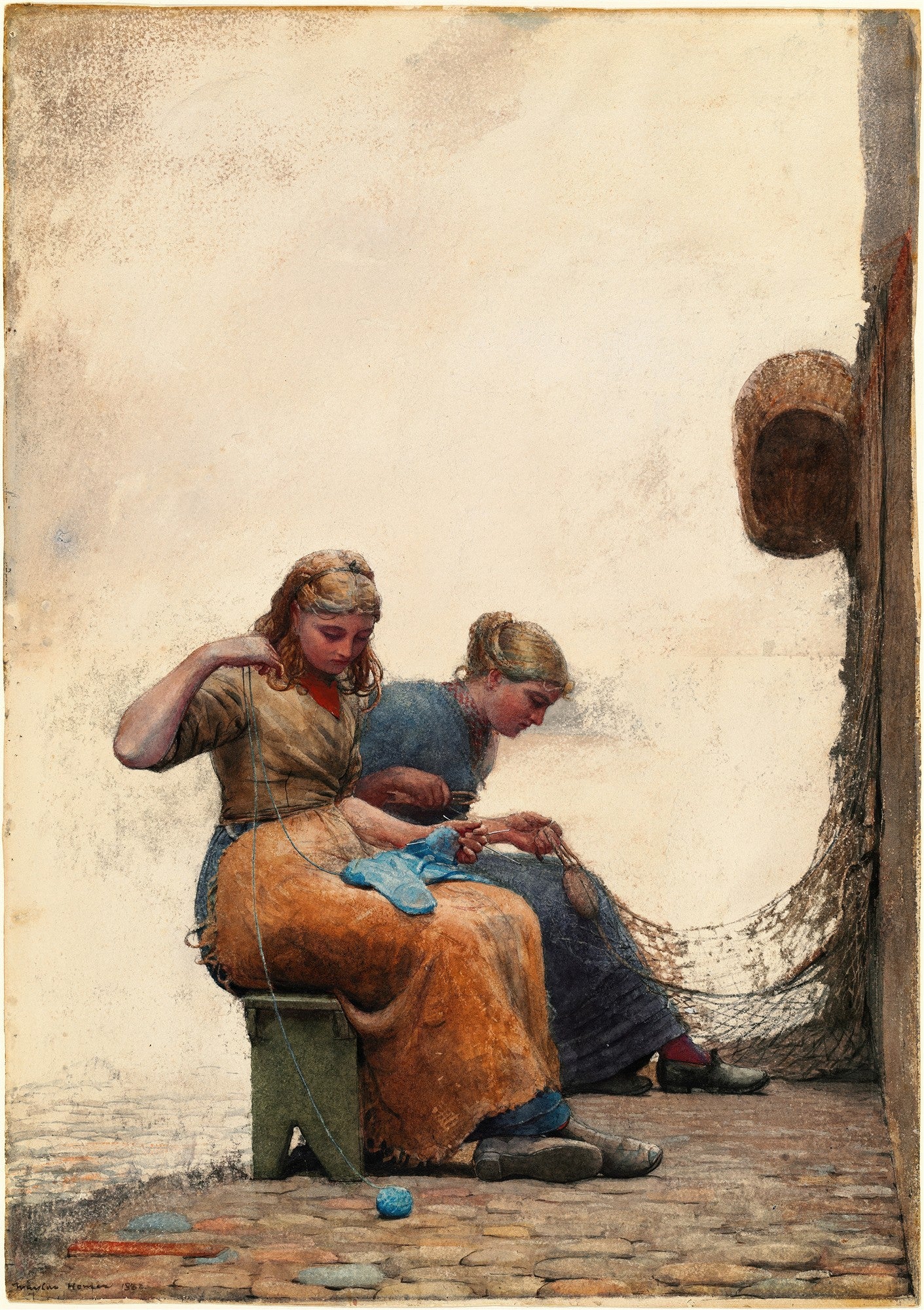 Duas mulheres sentadas, costurando ou tricotando, com uma rede de pesca ao lado, em aquarela de Winslow Homer.