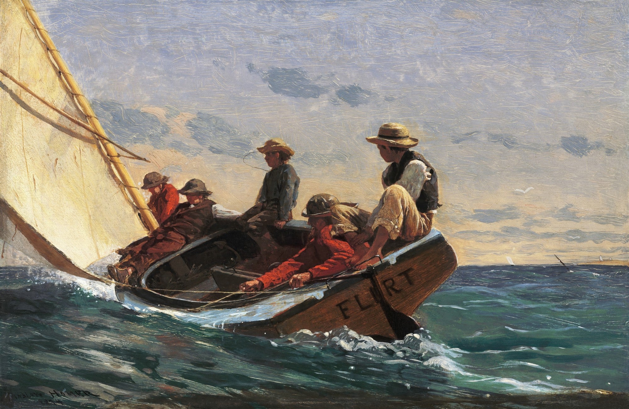 Quadro decorativo da obra 'Breezing Up' de Winslow Homer, mostrando um barco à vela com jovens marinheiros em um mar agitado sob um céu nublado.