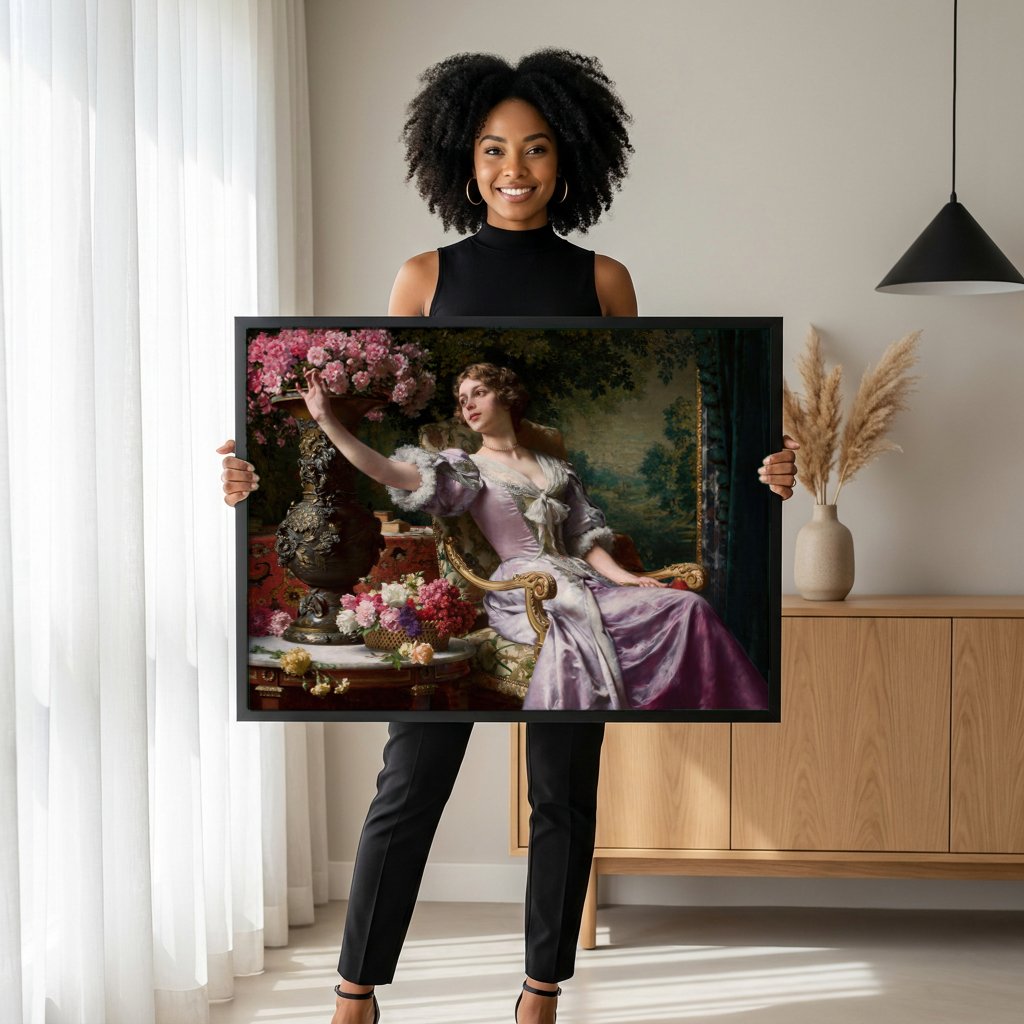 Quadro Decorativo A Dama e as Flores - Wladyslaw Czachórski com modelo em ambiente