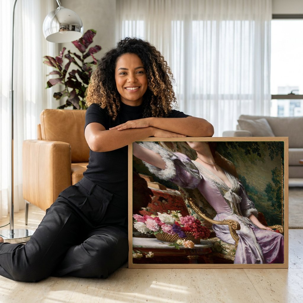 Quadro Decorativo A Dama e as Flores - Wladyslaw Czachórski com modelo em ambiente