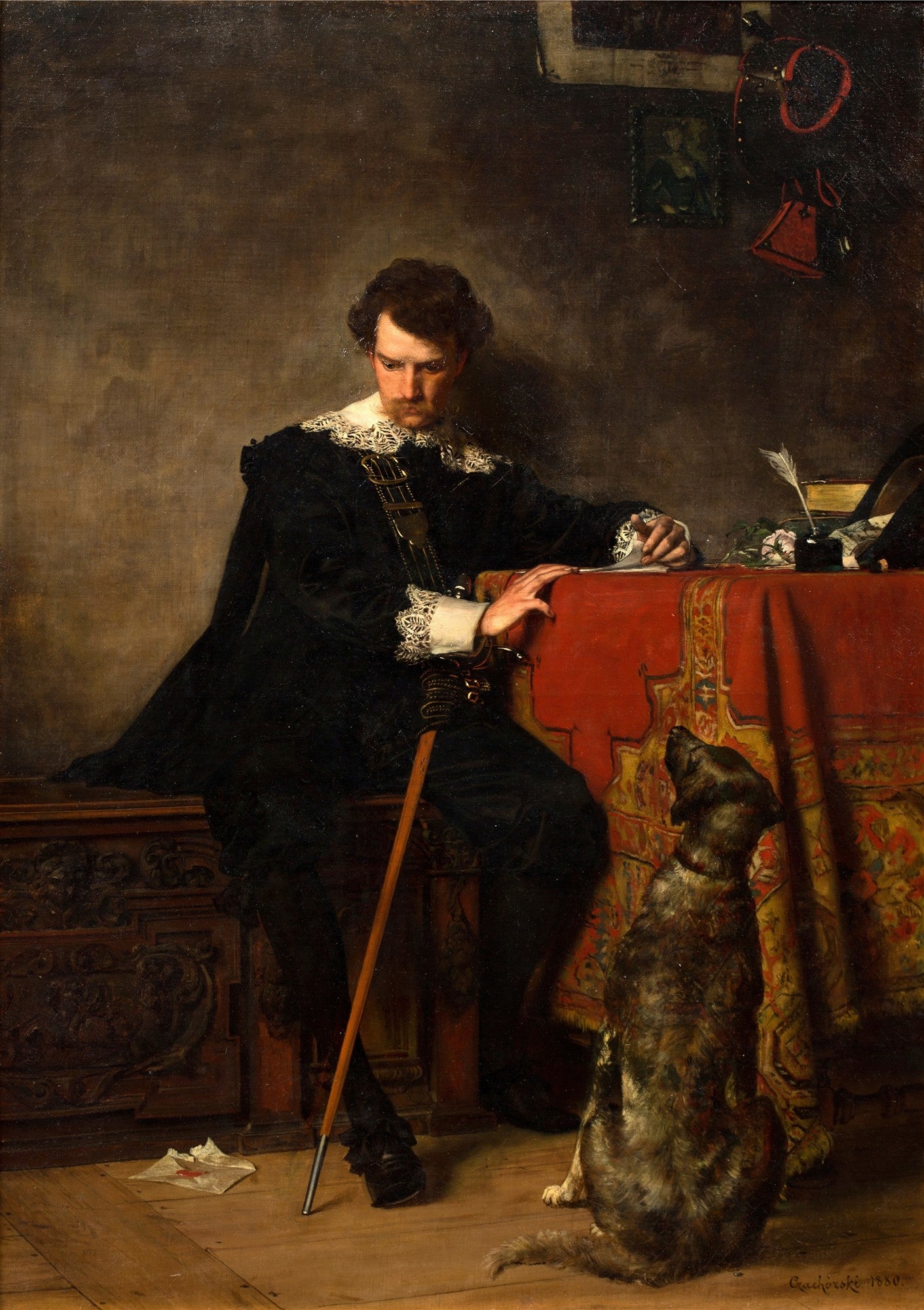 Quadro a óleo retratando um homem elegantemente vestido com roupas do século XIX, sentado pensativamente em uma escrivaninha, enquanto um cachorro o observa atentamente. A cena é de interior, com tons escuros e iluminação dramática, típica do período acadêmico.