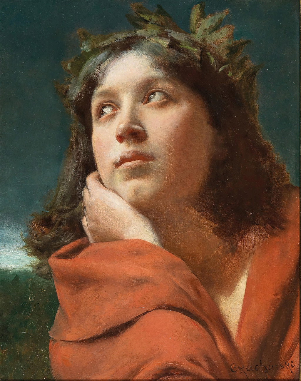 Retrato de uma jovem mulher com coroa de louros, olhar pensativo para cima, vestindo um manto vermelho, atribuído a Wladyslaw Czachórski.