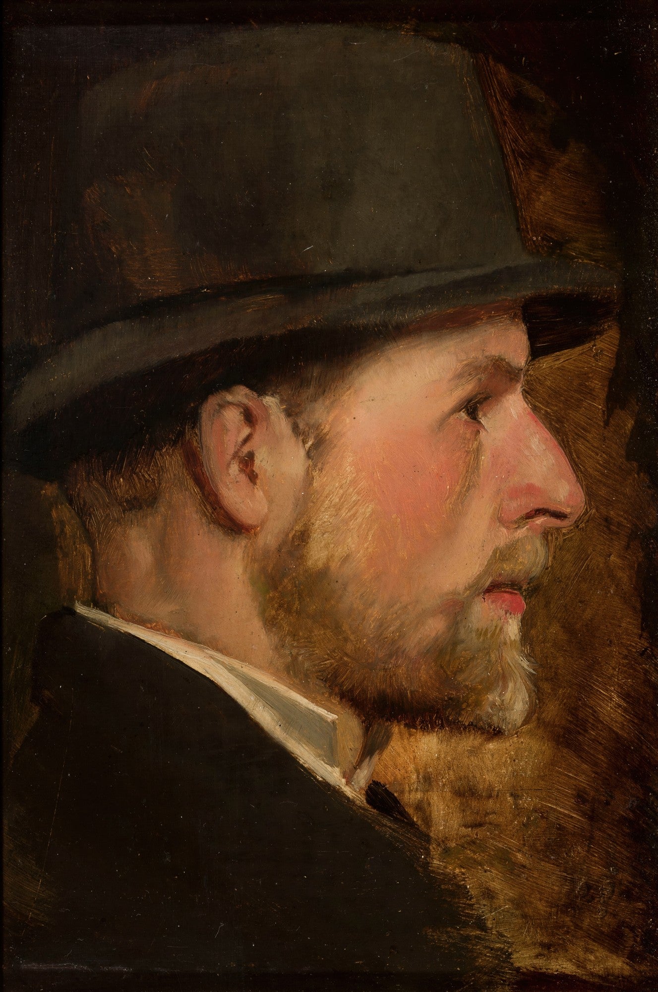 Retrato a óleo de perfil de um homem com barba e chapéu escuro, com fundo em tons de marrom e dourado. A obra é atribuída a Władysław Czachórski.