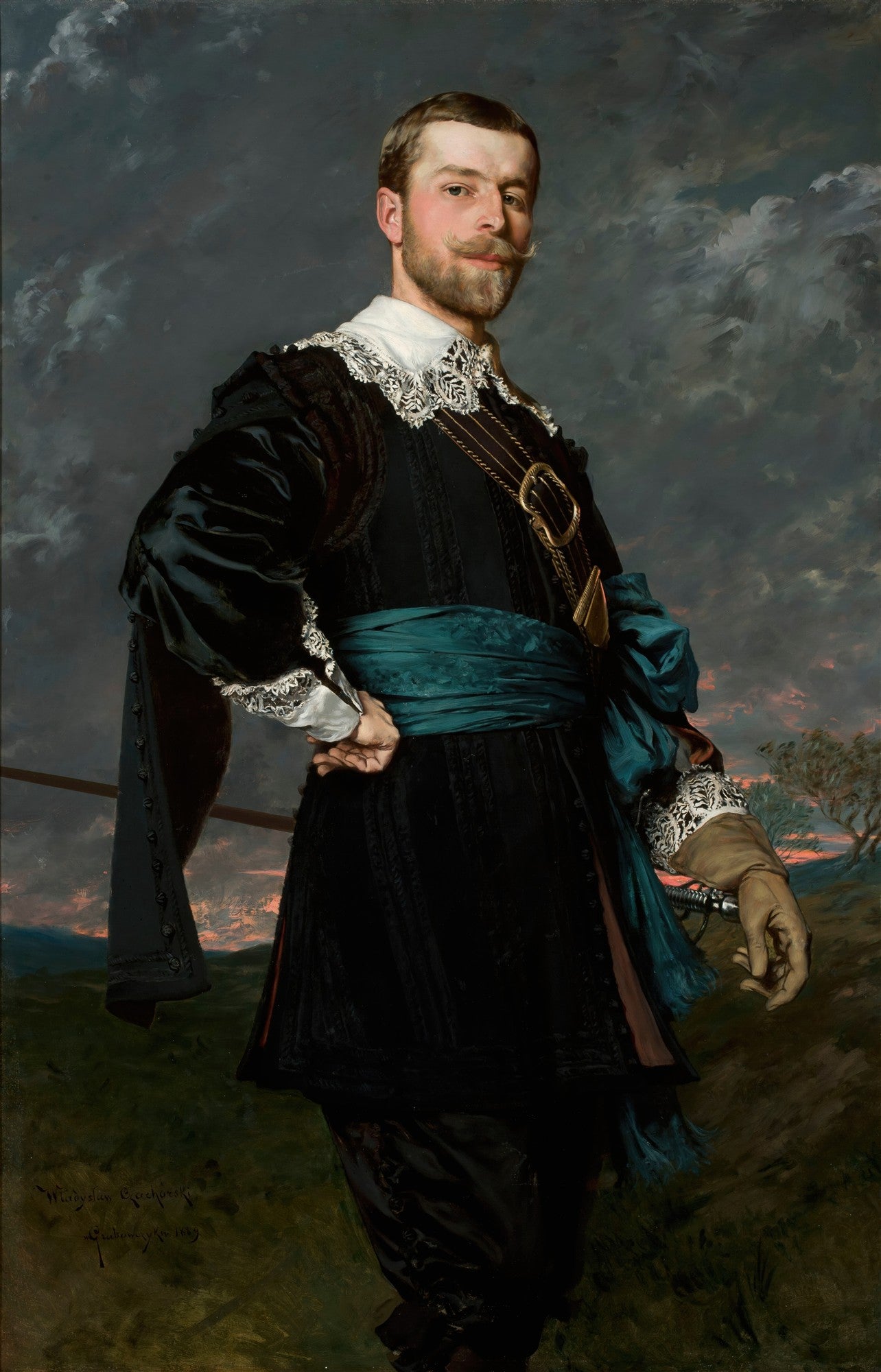 Retrato de um homem com bigode e barba, vestindo traje histórico escuro com colarinho branco rendado e faixa azul-esverdeada, em um fundo de céu tempestuoso ao entardecer, obra de Wladyslaw Czachorski.