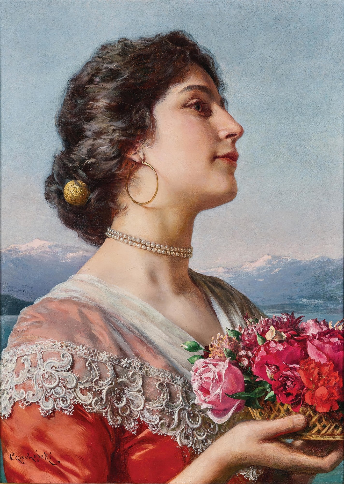 Retrato de uma jovem mulher com vestido vermelho e cesta de flores, de perfil, com montanhas e água ao fundo, obra de Wladyslaw Czachórski.
