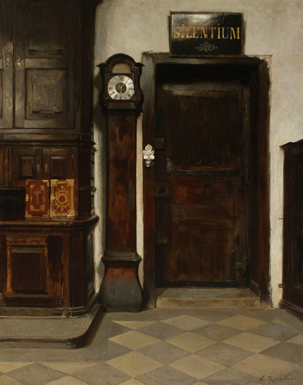 Quadro a óleo de Wladyslaw Czachórski, intitulado 'Silentium', mostrando um interior escuro com um relógio de pêndulo alto ao lado de uma porta de madeira escura. Acima da porta, um letreiro dourado com a palavra 'SILENTIUM'. O chão é de ladrilhos xadrez em tons de bege e marrom.