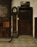 Quadro a óleo de Wladyslaw Czachórski, intitulado 'Silentium', mostrando um interior escuro com um relógio de pêndulo alto ao lado de uma porta de madeira escura. Acima da porta, um letreiro dourado com a palavra 'SILENTIUM'. O chão é de ladrilhos xadrez em tons de bege e marrom.