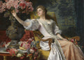 Uma pintura a óleo de uma mulher elegante sentada em uma poltrona amarela, rodeada por vasos e cestos de flores cor-de-rosa e vermelhas. Ela veste um vestido claro e olha para o lado com uma expressão pensativa. O fundo mostra folhagem escura.