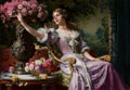 Pintura a óleo de Wladyslaw Czachórski, 'A Dama e as Flores', retratando uma mulher jovem de vestido lilás sentada em uma cadeira ornamentada, estendendo a mão em direção a um grande vaso de flores cor-de-rosa. Há um cesto de flores menores em uma mesa ao lado e um fundo de paisagem verde.