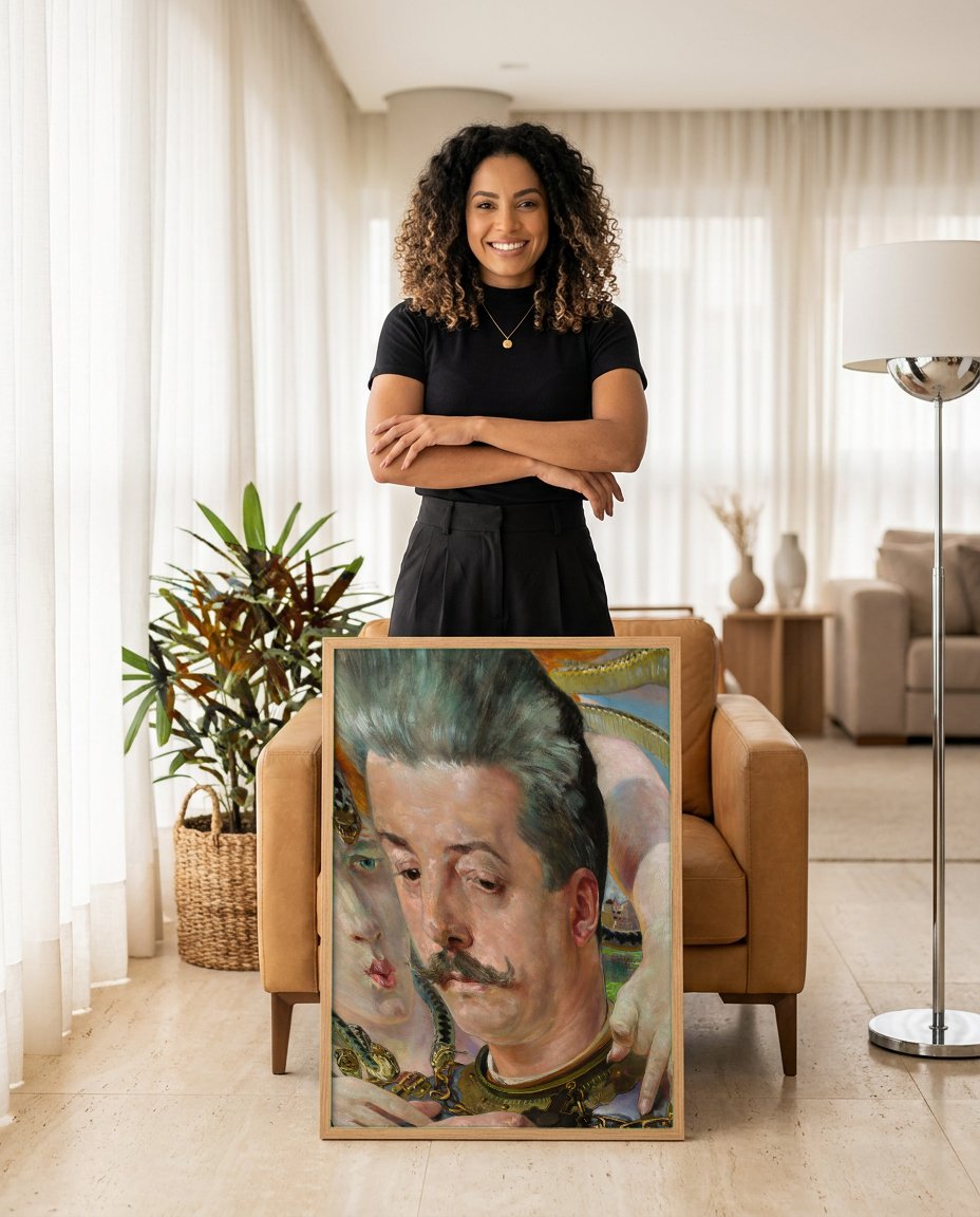 Quadro Decorativo 'Medusa' - Jacek Malczewski com modelo em ambiente