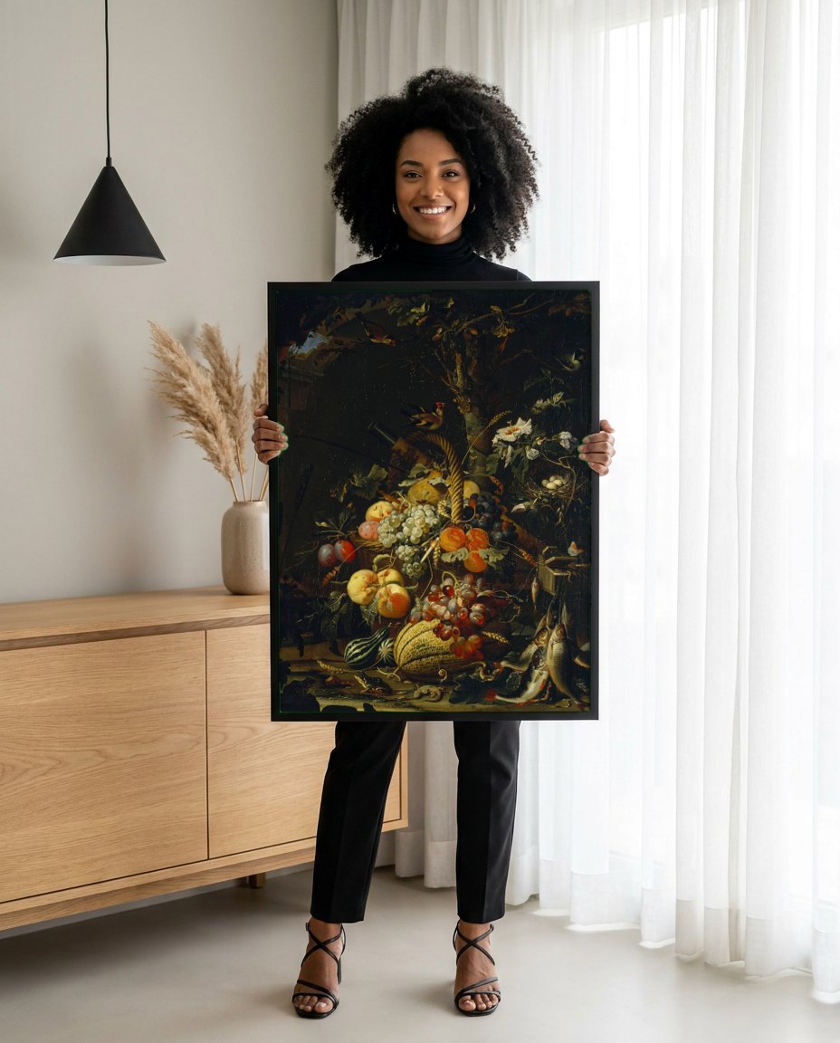 Quadro Decorativo Cesta de Frutas e Peixes - Abraham Mignon | modelo apresentando o quadro emoldurado