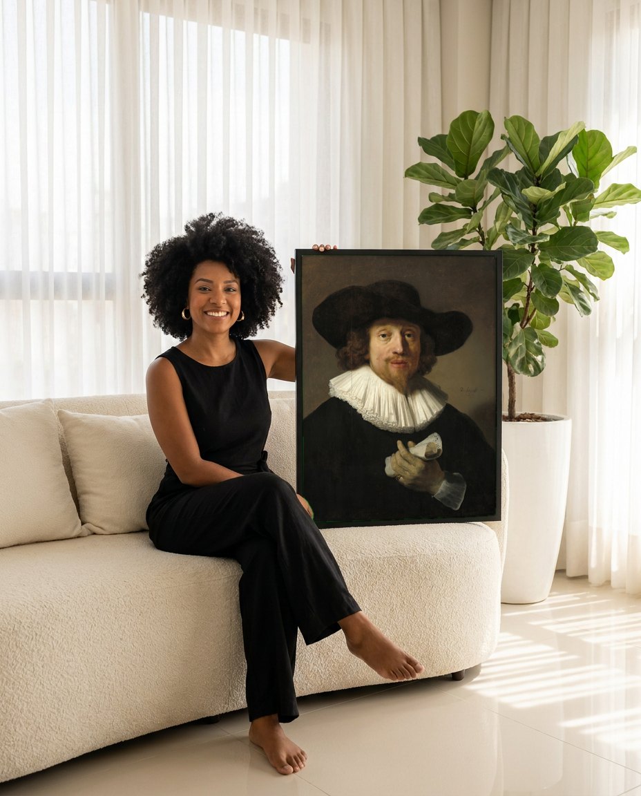 Quadro Decorativo Retrato de Maurits Huygens - Rembrandt | modelo apresentando o quadro emoldurado