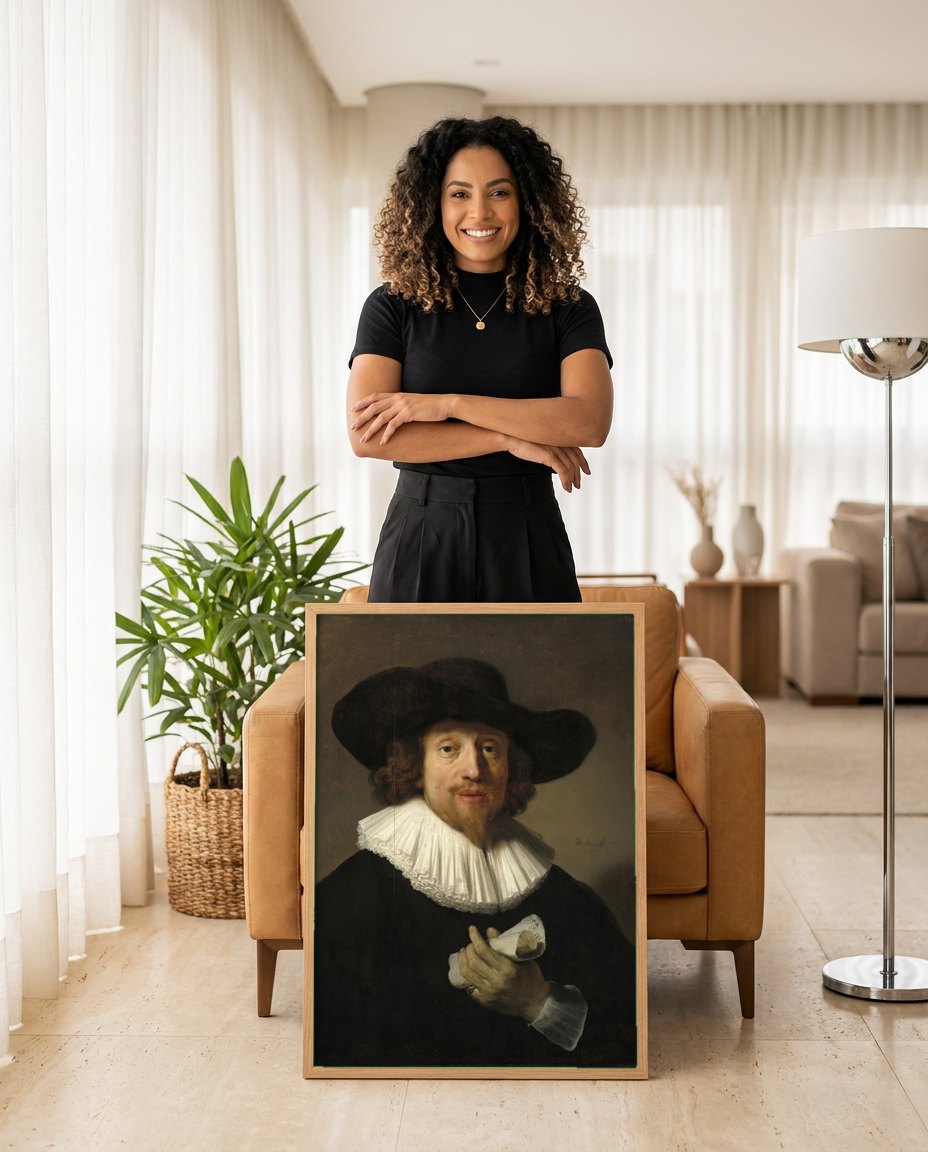 Quadro Decorativo Retrato de Maurits Huygens - Rembrandt | modelo apresentando o quadro emoldurado