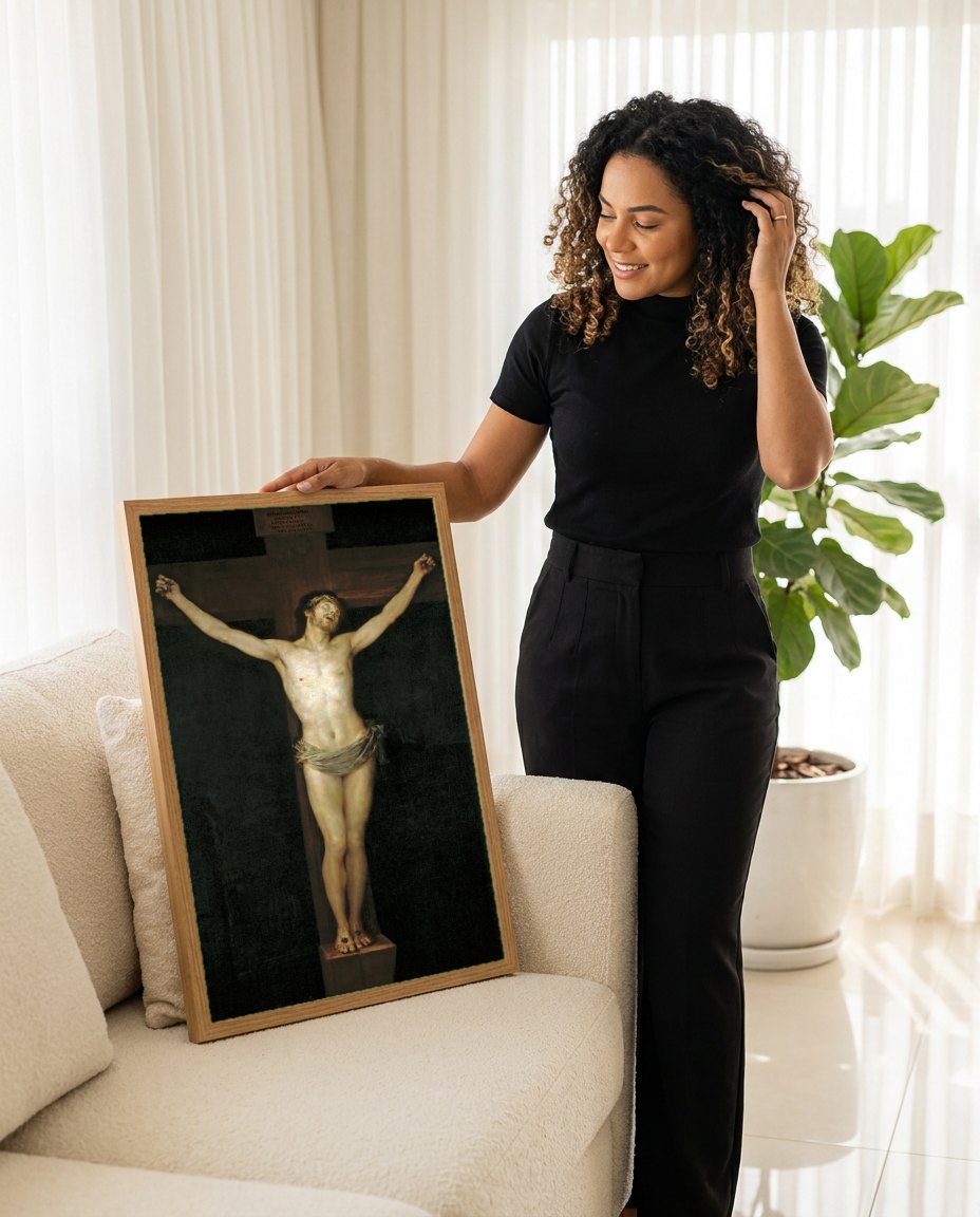 Quadro Decorativo Cristo Crucificado - Goya | modelo apresentando o quadro emoldurado