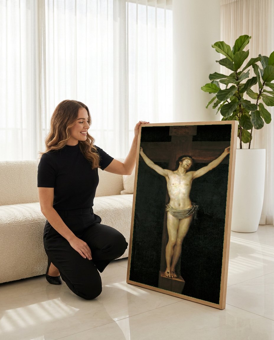 Quadro Decorativo Cristo Crucificado - Goya | modelo apresentando o quadro emoldurado