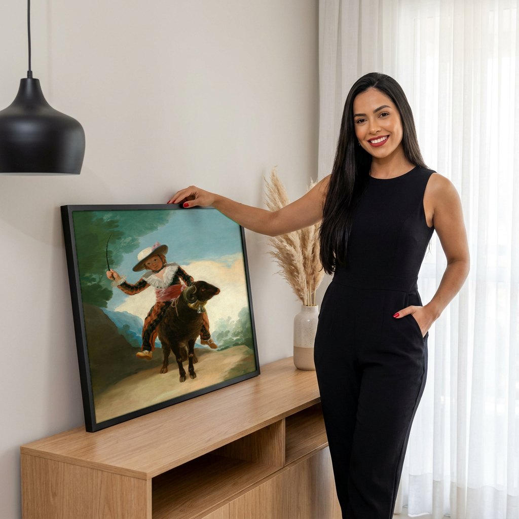 Quadro Decorativo Menino no Carneiro - Goya | modelo apresentando o quadro emoldurado