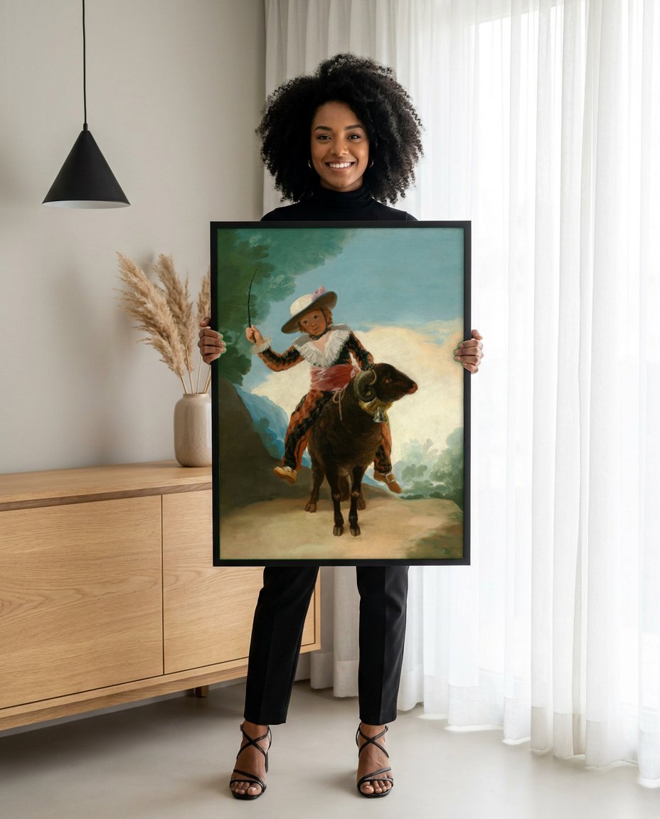 Quadro Decorativo Menino no Carneiro - Goya | modelo apresentando o quadro emoldurado