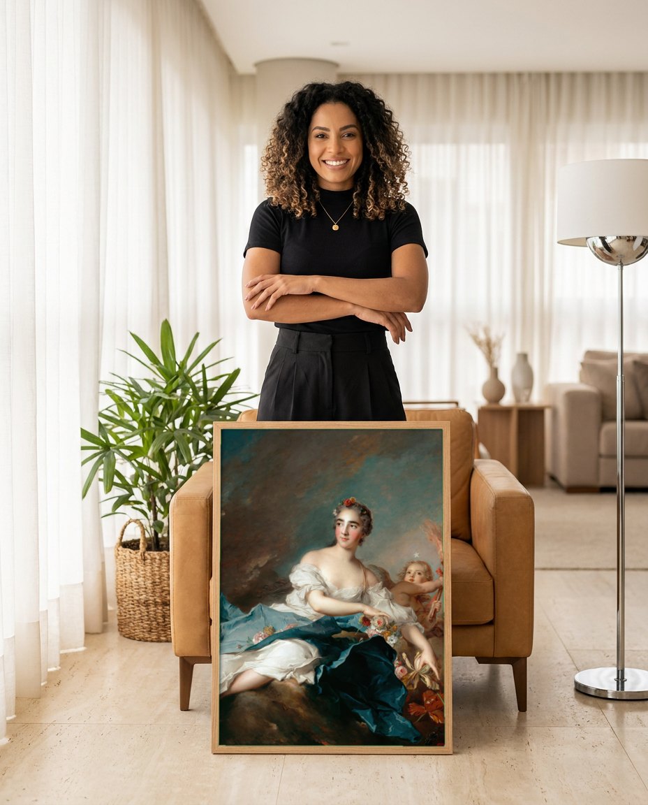 Quadro Decorativo A marquesa de Villeroy - Jean-Marc Nattier | modelo apresentando o quadro emoldurado