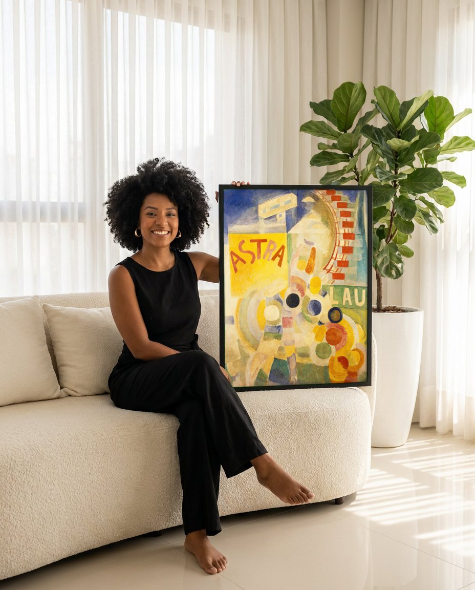 Quadro Decorativo ASTRA - Robert Delaunay | modelo apresentando o quadro emoldurado