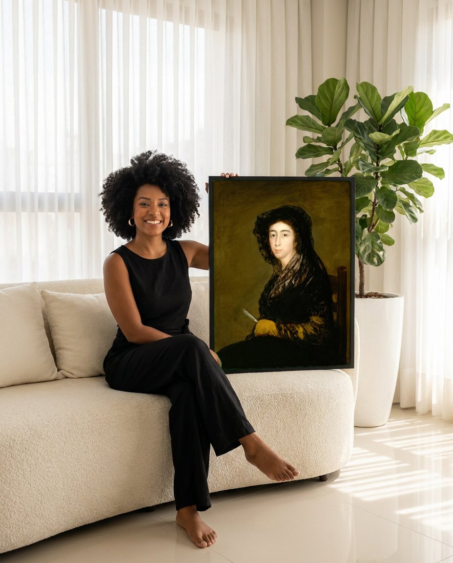 Quadro Decorativo Retrato de Senhora - Goya | modelo apresentando o quadro emoldurado