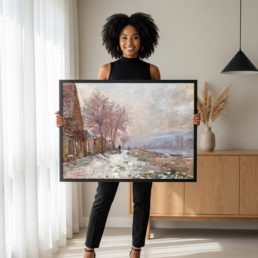 Quadro Decorativo A Estrada de Giverny no Inverno - Claude Monet com modelo em ambiente