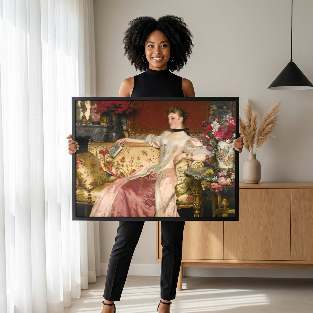 Quadro Decorativo A Dama do Sofá - Wladyslaw Czachórski com modelo em ambiente