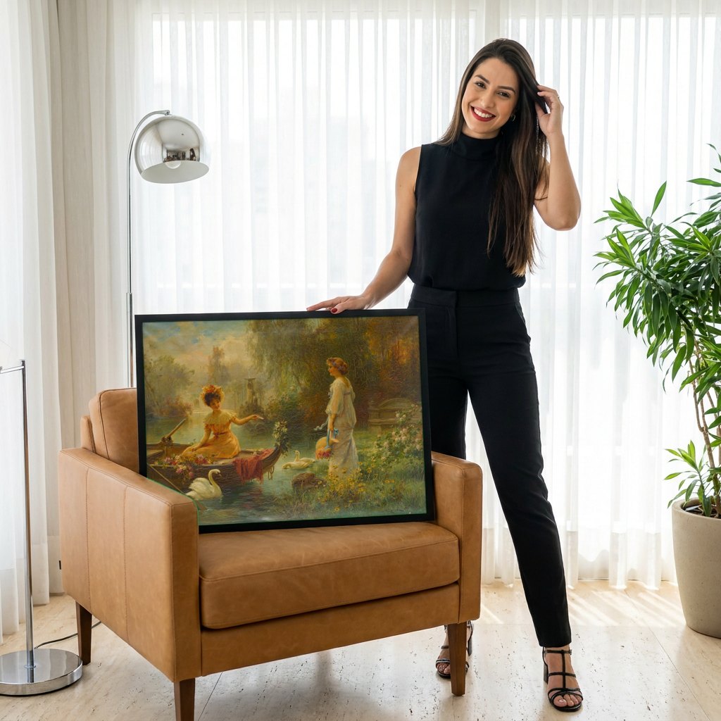 Quadro Decorativo A Oferta Gentil - Hans Zatzka | modelo apresentando o quadro emoldurado