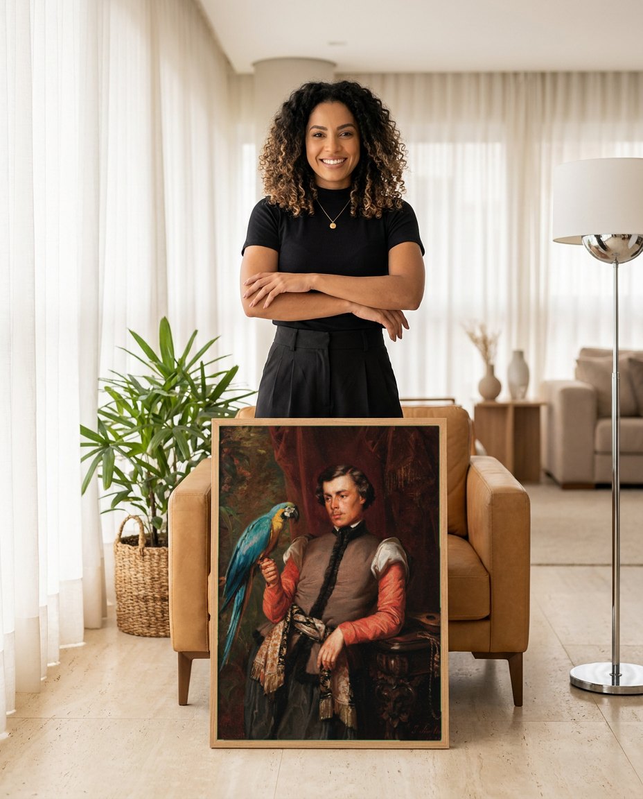 Quadro Decorativo Homem com Papagaio - Józef Simmler | modelo apresentando o quadro emoldurado