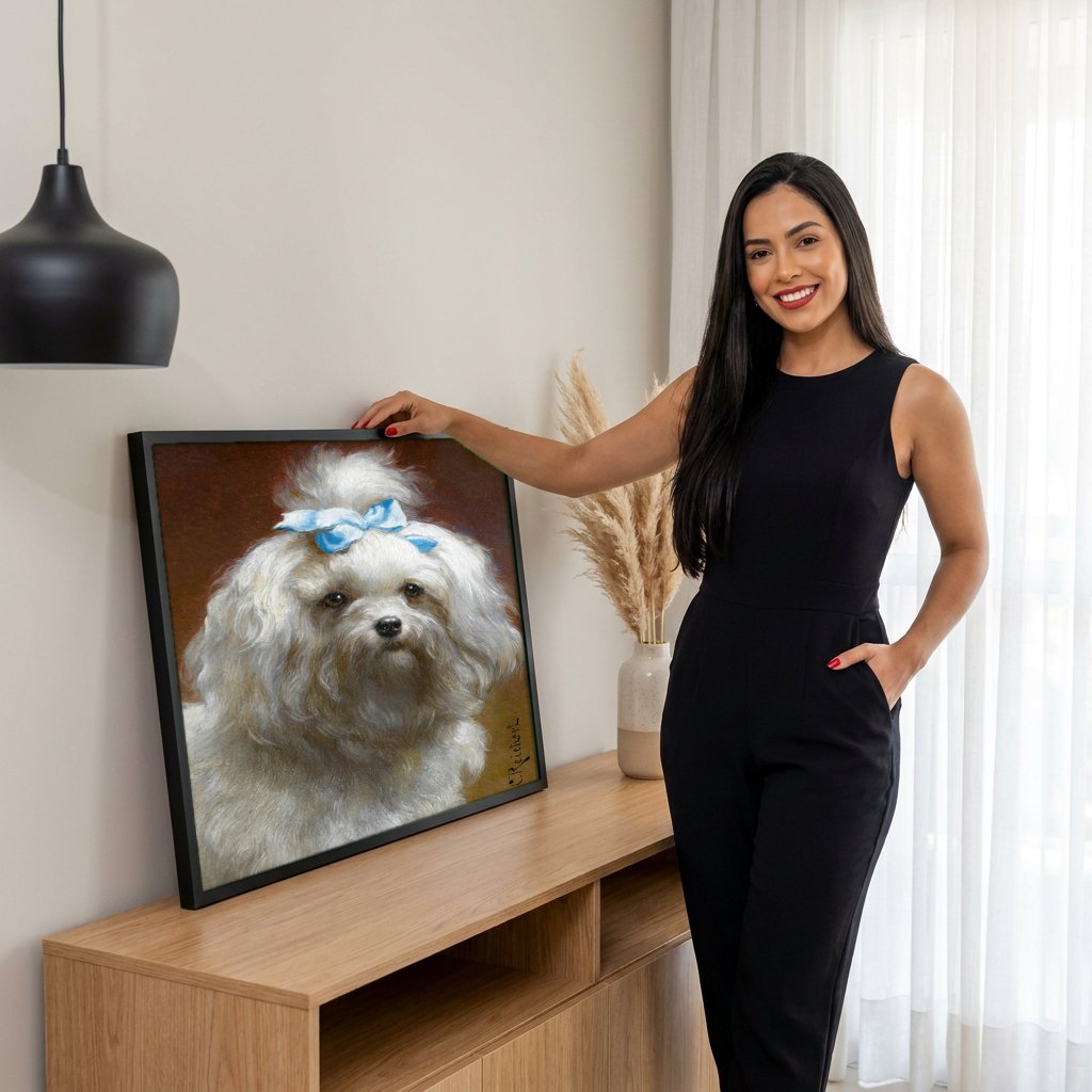 Quadro Decorativo Cão Maltês com Laço Azul - Carl Reichert | modelo apresentando o quadro emoldurado